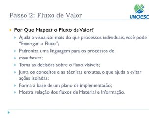 Por Que Mapear o Fluxo de Valor? 
Ajuda a visualizar mais do que processos individuais, você pode “Enxergar o Fluxo”; 
Padroniza uma linguagem para os processos de 
manufatura; 
Torna as decisões sobre o fluxo visíveis; 
Junta os conceitos e as técnicas enxutas, o que ajuda a evitar ações isoladas; 
Forma a base de um plano de implementação; 
Mostra relação dos fluxos de Material e Informação. 
Passo 2: Fluxo de Valor  