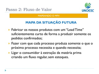 Passo 2: Fluxo de Valor 
MAPEANDO O MFV 
Fabricar os nossos produtos com um “Lead Time” suficientemente curto de forma a produzir somente os pedidos confirmados; 
Fazer com que cada processo produza somente o que o próximo processo necessita e quando necessita; 
Ligar o consumidor à extração da matéria prima criando um fluxo regular, sem estoques. 
MAPA DA SITUAÇÃO FUTURA  