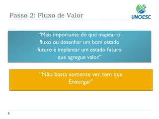 Passo 2: Fluxo de Valor 
“Mais importante do que mapear o 
fluxo ou desenhar um bom estado 
futuro é implantar um estado futuro 
que agregue valor.” 
“Não basta somente ver, tem que 
Enxergar”  