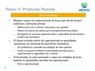 Dimensionamento 
Passo 4: Produção Puxada 
Planeje e monte um supermercado de forma que ele dê sempre cobertura à demanda prevista 
Defina junto com o cliente a demanda a ser atendida 
Monte um sistema de cálculo para acompanhamento periódico 
Reorganize os recursos (supermercados e capacidade do fornecedor) sempre que necessário 
O cliente só pode retirar do supermercado as quantidades necessárias, no momento em que forem necessárias 
De preferência a retiradas de múltiplos de lotes padrões 
Limite o consumo imediato às quantidades previstas para o supermercado e negociadas com o cliente 
O fornecedor só está autorizado a repor em múltiplos de lotes padrões às quantidades retiradas do supermercado 
Evite a superprodução  