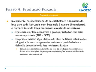 Dimensionamento 
Passo 4: Produção Puxada 
Inicialmente, há necessidade de se estabelecer o tamanho do lote para cada item, pois com base nele é que se dimensionará o número total de lotes ou cartões circulando no sistema 
Em teoria, usar lote econômico e procurar trabalhar com lotes menores possíveis (TRF e SCM) 
Na prática, existem alguns fatores do chão de fábrica relacionados à logística de armazenagem e fornecimento que irão balizar a definição do tamanho do lote no sistema kanban 
tamanho do contenedor, tamanho do lote de produção do equipamento fornecedor, limitações de peso para movimentações manuais, dinâmica de consumo pelo cliente, etc.  