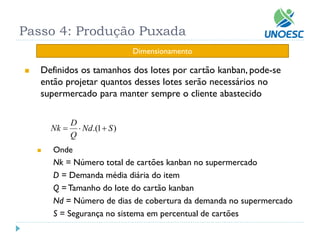 Dimensionamento 
Passo 4: Produção Puxada 
 Definidos os tamanhos dos lotes por cartão kanban, pode-se 
então projetar quantos desses lotes serão necessários no 
supermercado para manter sempre o cliente abastecido 
Nd.(1 S) 
Q 
D 
Nk    
 Onde 
Nk = Número total de cartões kanban no supermercado 
D = Demanda média diária do item 
Q = Tamanho do lote do cartão kanban 
Nd = Número de dias de cobertura da demanda no supermercado 
S = Segurança no sistema em percentual de cartões 
 