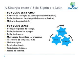 A Sinergia entre o Seis Sigma e o Lean 
POR QUÊ O SEIS SIGMA? 
Aumento da satisfação do cliente (menos reclamações). 
Redução do custo da não-qualidade (menos defeitos). 
Melhoria da rentabilidade. 
POR QUÊ O LEAN? 
Redução de prazos de entrega. 
Redução do nível de estoque. 
Redução de erros. 
Minimização de resíduos em processos. 
O aumento da competitividade. 
Melhoria rápida. 
Resultados visíveis. 
Participação de todos. 
Padrão de trabalho.  
