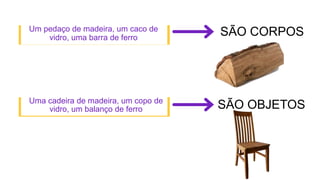 Um pedaço de madeira, um caco de
vidro, uma barra de ferro
Uma cadeira de madeira, um copo de
vidro, um balanço de ferro
SÃO CORPOS
SÃO OBJETOS
 