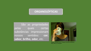 São as propriedades
pelas quais certas
substâncias impressionam
nossos sentidos: cor,
sabor, brilho, odor, etc.
Imagem: Kitcheen.emm / Creative Commons Attribution-
Share Alike 3.0 Unported
ORGANOLÉPTICAS
 