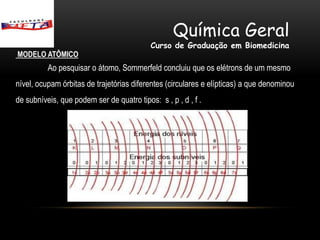 Química Geral
                                           Curso de Graduação em Biomedicina
MODELO ATÔMICO
          Ao pesquisar o átomo, Sommerfeld concluiu que os elétrons de um mesmo
nível, ocupam órbitas de trajetórias diferentes (circulares e elípticas) a que denominou
de subníveis, que podem ser de quatro tipos: s , p , d , f .
 
