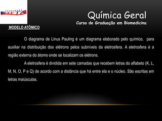 Química Geral
                                        Curso de Graduação em Biomedicina
MODELO ATÔMICO

         O diagrama de Linus Pauling é um diagrama elaborado pelo químico, para
auxiliar na distribuição dos elétrons pelos subníveis da eletrosfera. A eletrosfera é a
região externa do átomo onde se localizam os elétrons.
         A eletrosfera é dividida em sete camadas que recebem letras do alfabeto (K, L,
M, N, O, P e Q) de acordo com a distância que há entre ela e o núcleo. São escritas em
letras maiúsculas.
 