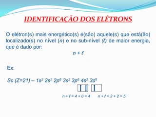 IDENTIFICAÇÃO DOS ELÉTRONSO elétron(s) mais energético(s) é(são) aquele(s) que está(ão) localizado(s) no nível (n) e no sub-nível (ℓ) de maior energia, que é dado por:n + ℓEx:Sc (Z=21) – 1s2 2s2 2p6 3s2 3p6 4s2 3d1n + ℓ = 4 + 0 = 4n + ℓ = 3 + 2 = 5