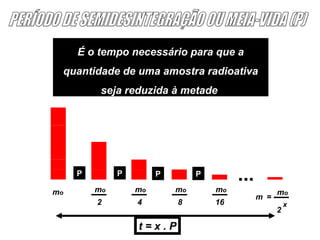 É o tempo necessário para que a
 quantidade de uma amostra radioativa
          seja reduzida à metade




     P        P        P        P        ...
mo       mo       mo       mo       mo               mo
                                               m =
         2        4        8        16                   x
                                                     2

                  t=x.P
 