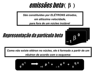 ( β )
             São constituídas por ELÉTRONS atirados,
                     em altíssima velocidade,
                  para fora de um núcleo instável



                                                                     0
                                                             β
                                                        –1

Como não existe elétron no núcleo, ele é formado a partir de um
              nêutron de acordo com o esquema:


             n1                p   1
                                       +        e   0
                                                        +        η   0
         0                +1               –1                0
 