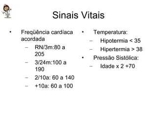 Sinais Vitais Freqüência cardíaca acordada RN/3m:80 a 205 3/24m:100 a 190 2/10a: 60 a 140 +10a: 60 a 100 Temperatura: Hipotermia < 35 Hipertermia > 38 Pressão Sistólica: Idade x 2 +70 