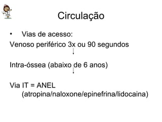 Circulação Vias de acesso: Venoso periférico 3x ou 90 segundos Intra-óssea (abaixo de 6 anos) Via IT = ANEL (atropina/naloxone/epinefrina/lidocaina) 