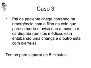 Caso 3 Pai de paciente chega correndo na emergência com a filha no colo que parece morta e avisa que a mesma é cardiopata (um dos médicos esta entubando uma criança e o outro esta com diarreia) Tempo para separar de 5 minutos 