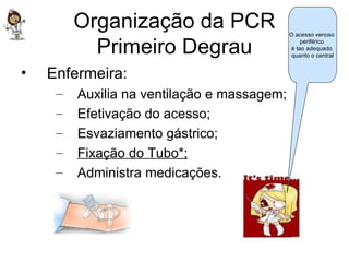 Organização da PCR Primeiro Degrau Enfermeira: Auxilia na ventilação e massagem; Efetivação do acesso; Esvaziamento gástrico; Fixação do Tubo*; Administra medicações. O acesso venoso  periférico  é tao adequado  quanto o central 
