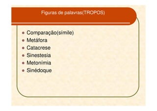 Figuras de palavras(TROPOS)



Comparação(símile)
Metáfora
Catacrese
Sinestesia
Metonímia
Sinédoque
 