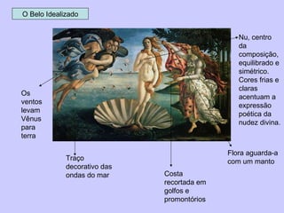 Os ventos levam Vênus para terra Flora aguarda-a com um manto Traço decorativo das ondas do mar Costa recortada em golfos e promontórios Nu, centro da composição,equilibrado e simétrico. Cores frias e claras acentuam a expressão poética da nudez divina. O Belo Idealizado 