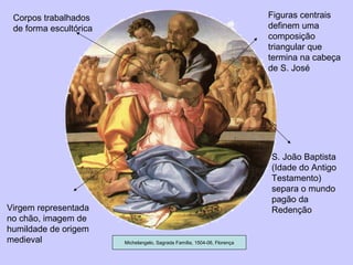 Michelangelo, Sagrada Família, 1504-06, Florença Virgem representada no chão, imagem de humildade de origem medieval S. João Baptista (Idade do Antigo Testamento) separa o mundo pagão da Redenção Corpos trabalhados de forma escultórica Figuras centrais definem uma composição triangular que termina na cabeça de S. José 