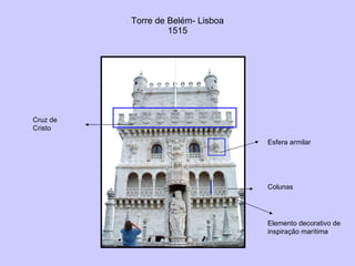 Torre de Belém- Lisboa 1515 Cruz de Cristo Esfera armilar Colunas Elemento decorativo de inspiração marítima 
