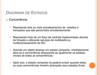 DIAGRAMA DE ESTADOS
 Concorrência
 Representa dois ou mais encadeamentos de estados e
transições que são percorridos simultaneamente;
 Representa mais de um fluxo de controle implementado através
de threads e utilizando serviços de multitarefa ou
multiprocessamento do SO;
 Quando um objeto alcança um estado composto, imediatamente
abre-se a concorrência alcançando-se igualmente os estados
iniciais de todas as concorrências;
 Após isso, o estado composto só poderá evoluir quando todas
as suas concorrências tiverem alcançado seus estados finais;
 