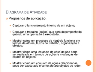 DIAGRAMA DE ATIVIDADE
 Propósitos de aplicação:
 Capturar o funcionamento interno de um objeto;
 Capturar o trabalho (ações) que será desempenhado
quando uma operação é executada;
 Mostrar como um processo de negócio funciona em
termos de atores, fluxos de trabalho, organização e
objetos;
 Mostrar como uma instância de caso de uso pode
ser realizada em termos de ações e mudanças de
estado de objetos;
 Mostrar como um conjunto de ações relacionadas
pode ser executado e como afetará objetos ao redor;
 