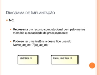 DIAGRAMA DE IMPLANTAÇÃO
 Nó:
 Representa um recurso computacional com pelo menos
memória e capacidade de processamento;
 Pode-se ter uma instância desse tipo usando
Nome_do_nó: Tipo_de_nó;
 