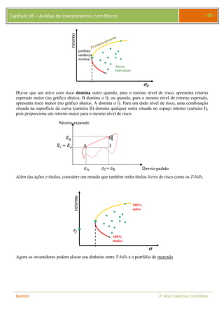 Capítulo 06 – Análise de Investimentos com Riscos - 50 - 
retorno 
P 
portfolio 
variância 
mínima 
Ativos 
Individuais 
Diz-se que um ativo com risco domina outro quando, para o mesmo nível de risco, apresenta retorno 
esperado maior (no gráfico abaixo, B domina o I), ou quando, para o mesmo nível de retorno esperado, 
apresenta risco menor (no gráfico abaixo, A domina o I). Para um dado nível de risco, uma combinação 
situada na superfície da curva (carteira B) domina qualquer outra situada no espaço interno (carteira I), 
pois proporciona um retorno maior para o mesmo nível de risco. 
Além das ações e títulos, considere um mundo que também tenha títulos livres de risco como os T-bills. 
100% 
títulos 
100% 
ações 
retorno 
rf 
 
Agora os investidores podem alocar seu dinheiro entre T-bills e o portfólio de mercado 
Bertolo 4º Ano Ciências Contábeis 
 