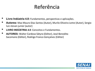 Referência
• Livro Indústria 4.0: Fundamentos, perspectivas e aplicações.
• Autores: Max Mauro Dias Santos (Autor), Murilo Oliveira Leme (Autor), Sergio
luiz stevan junior (autor)
• LIVRO INDÚSTRIA 4.0: Conceitos e Fundamentos.
• AUTORES: Walter Cardoso Sátyro (Editor), José Benedito
Sacomano (Editor), Rodrigo Franco Gonçalves (Editor)
 