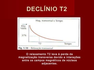 DECLÍNIO T2
O relaxamento T2 leva à perda da
magnetização transversa devido a interações
entre os campos magnéticos de núcleos
adjacentes.
 