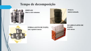Tempo de decomposição
JORNAIS
duas a seis semanas
EMBALAGENS DE PAPEL
um a quatro meses
PNEUS
indeterminado
GUARDANAPOS DE
PAPEL
três meses
 