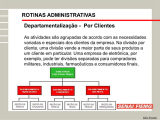 Departamentalização - Por Clientes
As atividades são agrupadas de acordo com as necessidades
variadas e especiais dos clientes da empresa. Na divisão por
cliente, uma divisão vende a maior parte de seus produtos a
um cliente em particular. Uma empresa de eletrônica, por
exemplo, pode ter divisões separadas para compradores
militares, industriais, farmacêuticos e consumidores finais.
Júlio Pyramo
ROTINAS ADMINISTRATIVAS
 