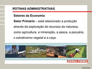 ROTINAS ADMINISTRATIVAS
Júlio Pyramo
Setores da Economia
Setor Primário – está relacionado a produção
através da exploração de recursos da natureza,
como agricultura, a mineração, a pesca, a pecuária,
o extrativismo vegetal e a caça.
 