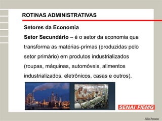 ROTINAS ADMINISTRATIVAS
Júlio Pyramo
Setores da Economia
Setor Secundário – é o setor da economia que
transforma as matérias-primas (produzidas pelo
setor primário) em produtos industrializados
(roupas, máquinas, automóveis, alimentos
industrializados, eletrônicos, casas e outros).
 