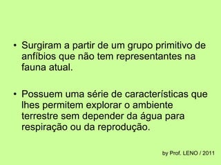 Surgiram a partir de um grupo primitivo de anfíbios que não tem representantes na fauna atual. Possuem uma série de características que lhes permitem explorar o ambiente terrestre sem depender da água para respiração ou da reprodução.  by Prof. LENO / 2011 