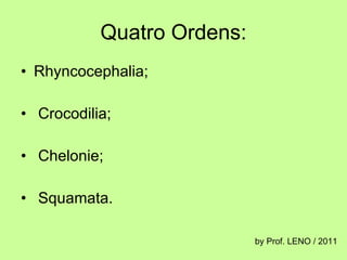Quatro Ordens: Rhyncocephalia; Crocodilia; Chelonie; Squamata. by Prof. LENO / 2011 