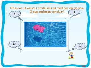 SAIR
Piscina
12
8
12
8
Observe os valores atribuídos as medidas da piscina.
O que podemos concluir?
 