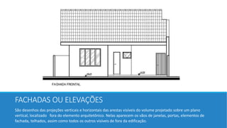 FACHADAS OU ELEVAÇÕES
São desenhos das projeções verticais e horizontais das arestas visíveis do volume projetado sobre um plano
vertical, localizado fora do elemento arquitetônico. Nelas aparecem os vãos de janelas, portas, elementos de
fachada, telhados, assim como todos os outros visíveis de fora da edificação.
 