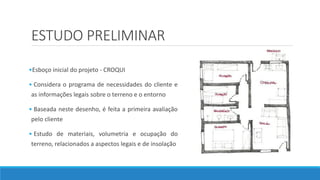 ESTUDO PRELIMINAR
•Esboço inicial do projeto - CROQUI
• Considera o programa de necessidades do cliente e
as informações legais sobre o terreno e o entorno
• Baseada neste desenho, é feita a primeira avaliação
pelo cliente
• Estudo de materiais, volumetria e ocupação do
terreno, relacionados a aspectos legais e de insolação
 