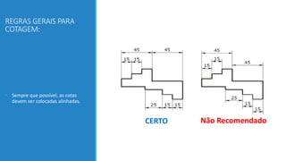 REGRAS GERAIS PARA
COTAGEM:
• Sempre que possível, as cotas
devem ser colocadas alinhadas.
 