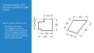 POSICIONAMENTO DOS
VALORES NUMÉRICOS (NBR
10126):
Segundo método, determina que:
• As linhas de cota sejam
interrompidas e o número
intercalado no meio da linha de
cota e, em qualquer posição da
linha de cota, deve-se manter a
posição de leitura com referência
à base da folha de papel.
 