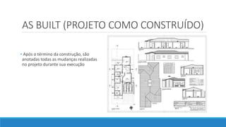 AS BUILT (PROJETO COMO CONSTRUÍDO)
• Após o término da construção, são
anotadas todas as mudanças realizadas
no projeto durante sua execução
 