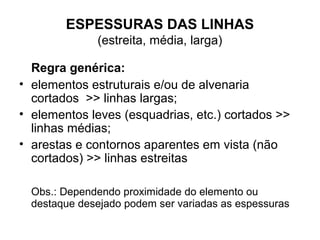 ESPESSURAS DAS LINHAS
              (estreita, média, larga)

  Regra genérica:
• elementos estruturais e/ou de alvenaria
  cortados >> linhas largas;
• elementos leves (esquadrias, etc.) cortados >>
  linhas médias;
• arestas e contornos aparentes em vista (não
  cortados) >> linhas estreitas

  Obs.: Dependendo proximidade do elemento ou
  destaque desejado podem ser variadas as espessuras
 