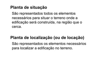 Planta de situação
São representados todos os elementos
necessários para situar o terreno onde a
edificação será construída, na região que o
cerca.


Planta de localização (ou de locação)
São representados os elementos necessários
para localizar a edificação no terreno.
 