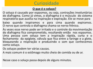 Curiosidade
O que é o soluço?
O soluço é causado por espasmos, ou seja, contrações involuntárias
do diafragma. Como já vimos, o diafragma é o músculo do sistema
respiratório que auxilia na inspiração e expiração. Ele se move para
baixo quando inspiramos e para cima quando expiramos.
O nervo que controla o diafragma chama-se nervo frênico.
Às vezes esse nervo pode ser irritado e o controle da movimentação
do diafragma fica comprometido, resultando então nos espasmos.
Uma pessoa com soluço tem a inspiração rápida, curta e o
fechamento da epiglote, válvula que fica entre a faringe e a glote,
bloqueando a respiração e produzindo o som que conhecemos
como soluço.
Os soluços podem ter várias causas.
A mais comum é o estômago muito cheio de comida ou de ar.

Nesse caso o soluço passa depois de alguns minutos.

 