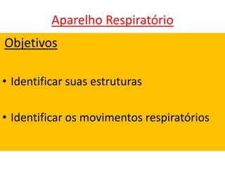 Aparelho Respiratório
Objetivos
• Identificar suas estruturas
• Identificar os movimentos respiratórios

 