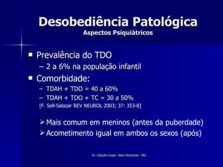 Desobediência Patológica Aspectos Psiquiátricos Prevalência do TDO 2 a 6% na população infantil Comorbidade: TDAH + TDO = 40 a 60% TDAH + TDO + TC = 30 a 50% [F. Sell-Salazar REV NEUROL 2003; 37: 353-8] Mais comum em meninos (antes da puberdade) Acometimento igual em ambos os sexos (após) 