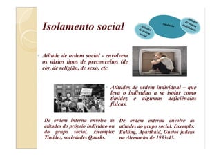 Isolamento social
◦ Atitude de ordem social - envolvem
os vários tipos de preconceitos (de
cor, de religião, de sexo, etc
De ordem interna envolve as
atitudes do próprio indivíduo ou
do grupo social. Exemplo:
Timidez, sociedades Quarks.
De ordem externa envolve as
atitudes do grupo social. Exemplo:
Bulling, Aparthaid, Guetos judeus
na Alemanha de 1933-45.
◦ Atitudes de ordem individual – que
leva o indivíduo a se isolar como
timidez e algumas deficiências
físicas.
 