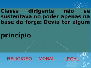 Classe   dirigente    não    se
sustentava no poder apenas na
base da força: Devia ter algum

princípio


  RELIGIOSO   MORAL   LEGAL
 