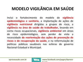 MODELO VIGILÂNCIA EM SAÚDE 
Inclui o fortalecimento do modelo de vigilância 
epidemiológica e sanitária, a implantação de ações de 
vigilância nutricional dirigidas a grupos de risco, a 
vigilância na área de saúde do trabalhador, levando em 
conta riscos ocupacionais, vigilância ambiental em áreas 
de risco epidemiológico, sem perder de vista a 
necessidade de reorientação das ações de prevenção de 
riscos e de recuperação da saúde, e na reformulação de 
políticas públicas saudáveis nas esferas de governo 
Nacional-Estadual e Municipal. 
aprovasaude.com.br www.facebook.com/pages/Aprova- 
Saúde 
 