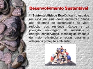 Desenvolvimento Sustentável  Sustentabilidade Ecológica  - o uso dos recursos naturais deve minimizar danos aos sistemas de sustentação da vida: redução dos resíduos tóxicos e da poluição, reciclagem de materiais e energia, conservação, tecnologias limpas e de maior eficiência e regras para uma adequada proteção ambiental;  