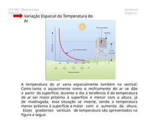 LCE 360 - Meteorologia
Agrícola
Sentelhas/
Angelocci
Variação Espacial da Temperatura do
Ar
A temperatura do ar varia espacialmente também na vertical.
Como tanto o aquecimento como o resfriamento do ar se dão
a partir da superfície, durante o dia a tendência é da temperatura
do ar ser maior próxima à superfície e menor com a altura. Já
de madrugada, essa situação se inverte, sendo a temperatura
menor próxima à superfície e maior com o aumento da altura.
Esses gradientes verticais de temperatura são apresentados na
figura a seguir.
 